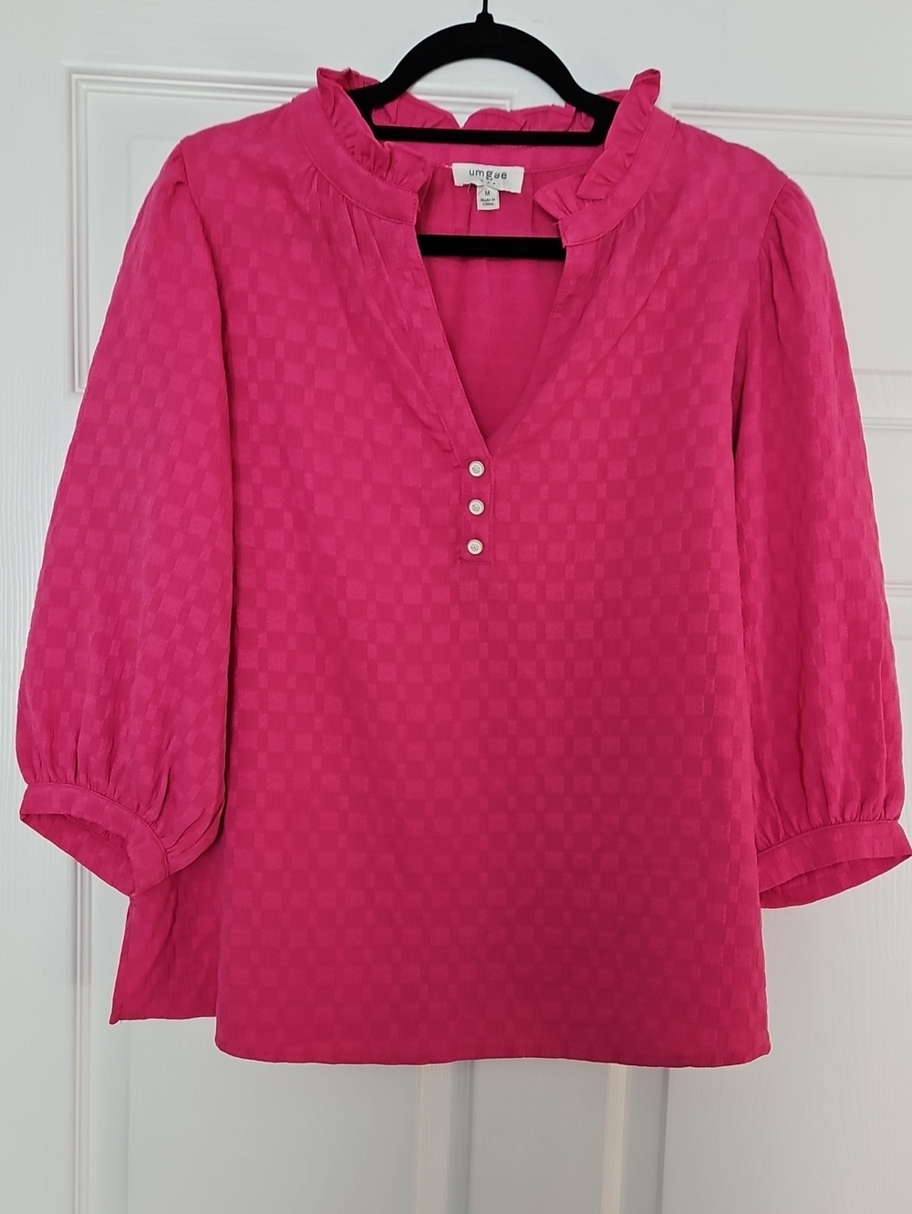 Umgee Hot Pink Ruffle Neck Button Placket Blouse
